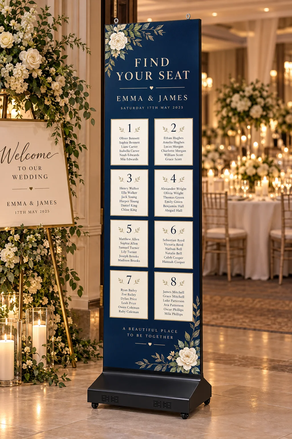 Illustrative wedding seating-plan design on an LED poster screen